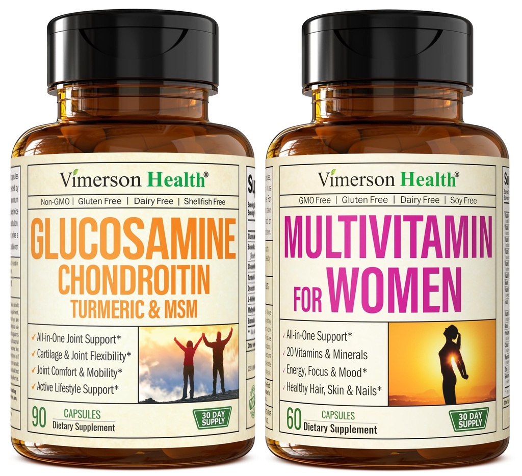 Glucosamin Chondroitin Gurkemeje + Multivitamin til kvinder 2- flaske supplement Bundle til hende. Sund immunrespons, fælles støtte, Antioxidant egenskaber