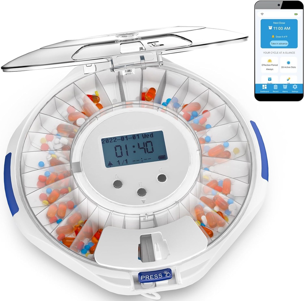 Adamson TimelyMed Smart Pill Dispenser med Alarm - WiFi App Overvågning - 28-dages Medicin Dispenser til ældre & Alzheimers Care - Automatisk med Lock Key - Ny version