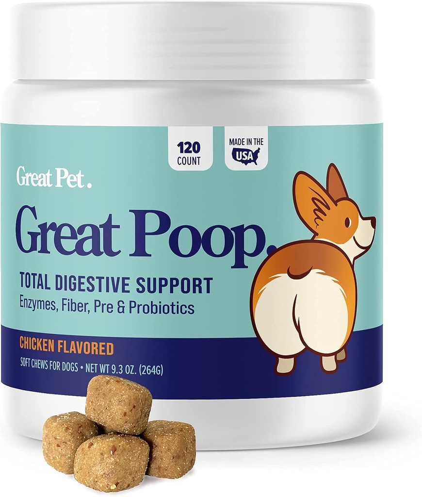 Great Poop Probiotika til hunde - Fiber til hunde tillæg med hund Probiotika og fordøjelsesenzymer til en sund Gut, Firm Afføring & Diarré Relief - kylling Opskåret Pet Soft Chews med Prebiotika