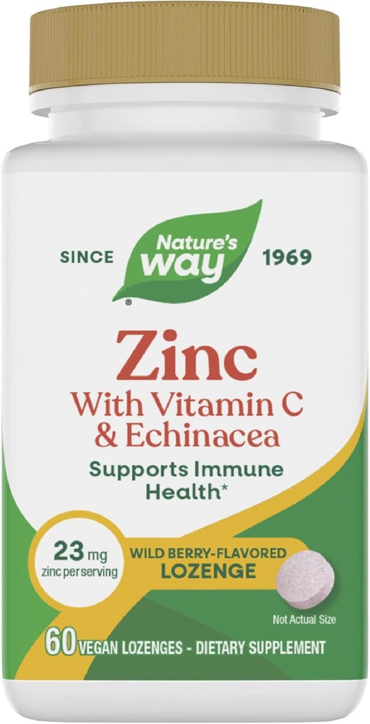 Nature 's Way Zink Lozenges med C-vitamin & Echinacea, Zink kosttilskud til mænd og kvinder, immunforsvar *, Wild Berry Flavor, 60 Lozenges (Packaging May Vary)