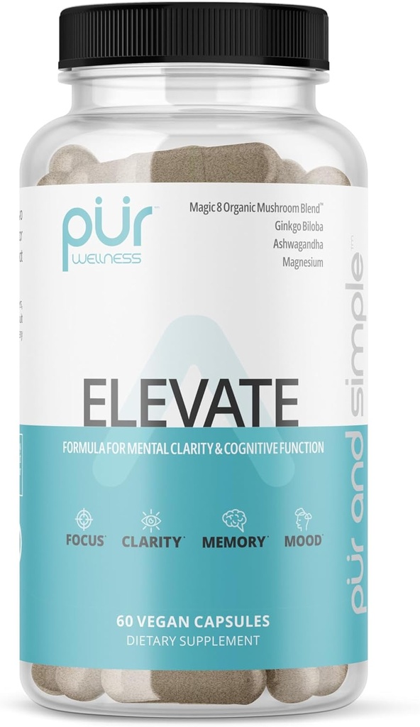 PUR Wellness Elevate Nootrop Brain Supplement for Focus Clarity Memory Mood, 8 Mushroom Blend, Ginkgo Biloba, Ashwagandha, Magnesium for Natural Energy, Coffein-fri for koncentration
