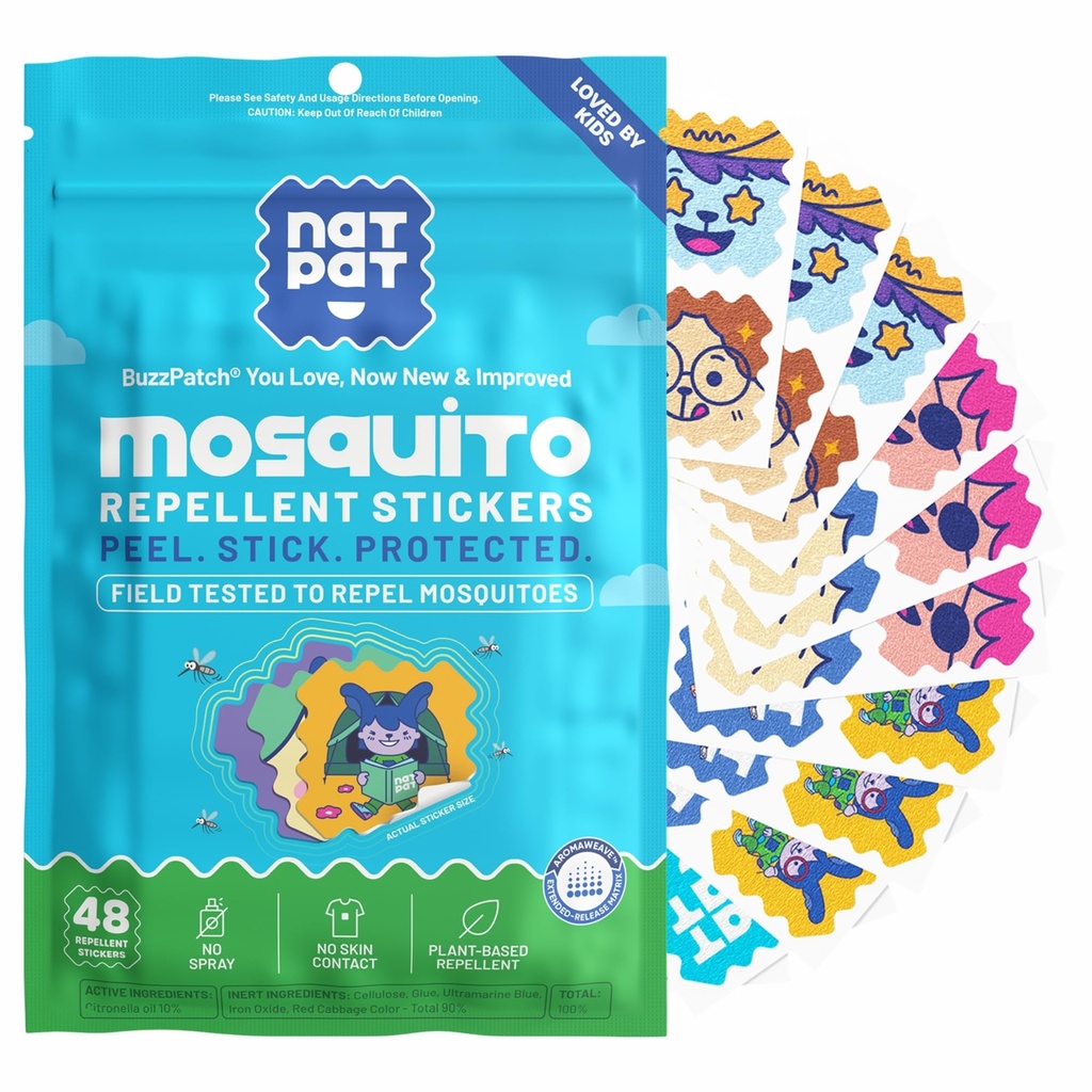 NATPAT Buzz Patch Mosquito Patch Stickers for børn - Plant baserede ingredienser, non-toxic - Den oprindelige alle naturlige Citronella Essential Oil Insect Patch, DEET Free, for Toddlers, Kids (60 Pack)