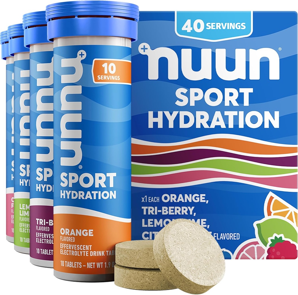 Nuun Sport Electrolyte Tablets med Magnesium, Calcium, Kalium, Chlorid & Natrium, Gluten Free & Vegan, Blandede Flavors, 4 Pack (40 Servere i alt)
