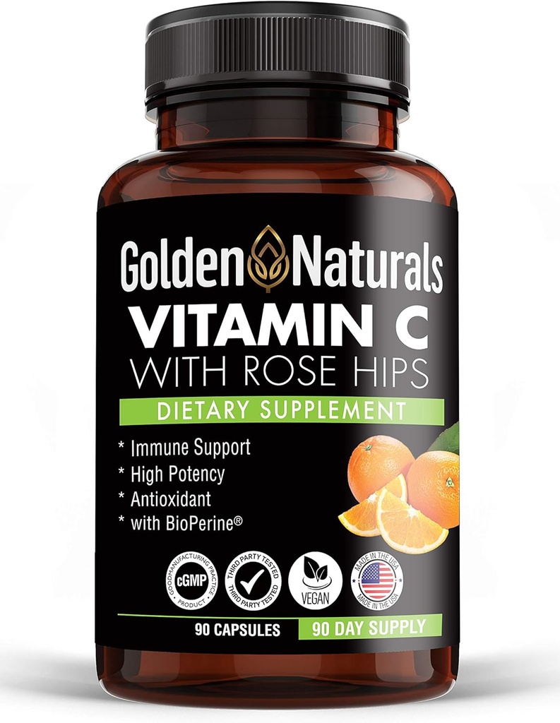 Golden Naturals Vitamin C med alle naturlige Rose HIPS, 1000mg, immunforsvar og kraftfulde antioxidant, Høj Absorption med BioPerine, Forbedre hud sundhed, 90 kapsler