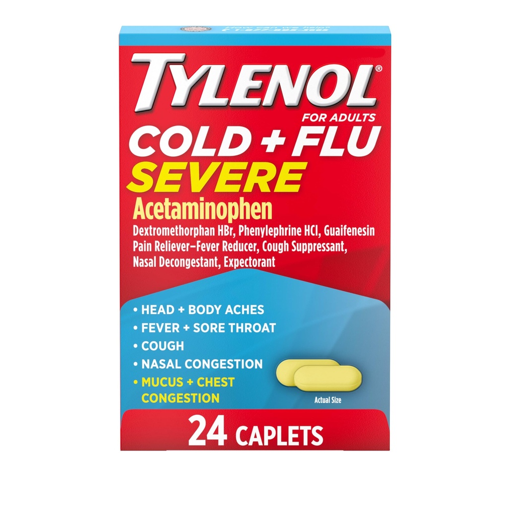 Tylenol Cold + influenza Alvorlige medicinkapsler til feber, smerter, hoste og kongestion, 24 ct.