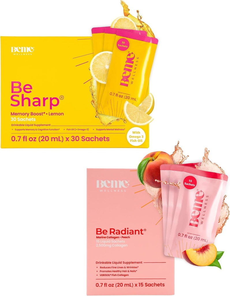 BeMe BeSharp & BeRadiant Peach Bundle - Flydende Omega-3 & Flydende Collagen drikke kosttilskud
