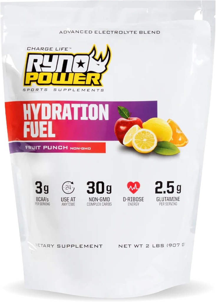 Ryno Power Hydration Fuel Electrolyte Drink Mix 2lb (20 Servere) 'Fruit Punch' - Advanced Electrolyte Formel + BCAA - Gluten Free - Vedvarende energi og muskel Inddrivelse