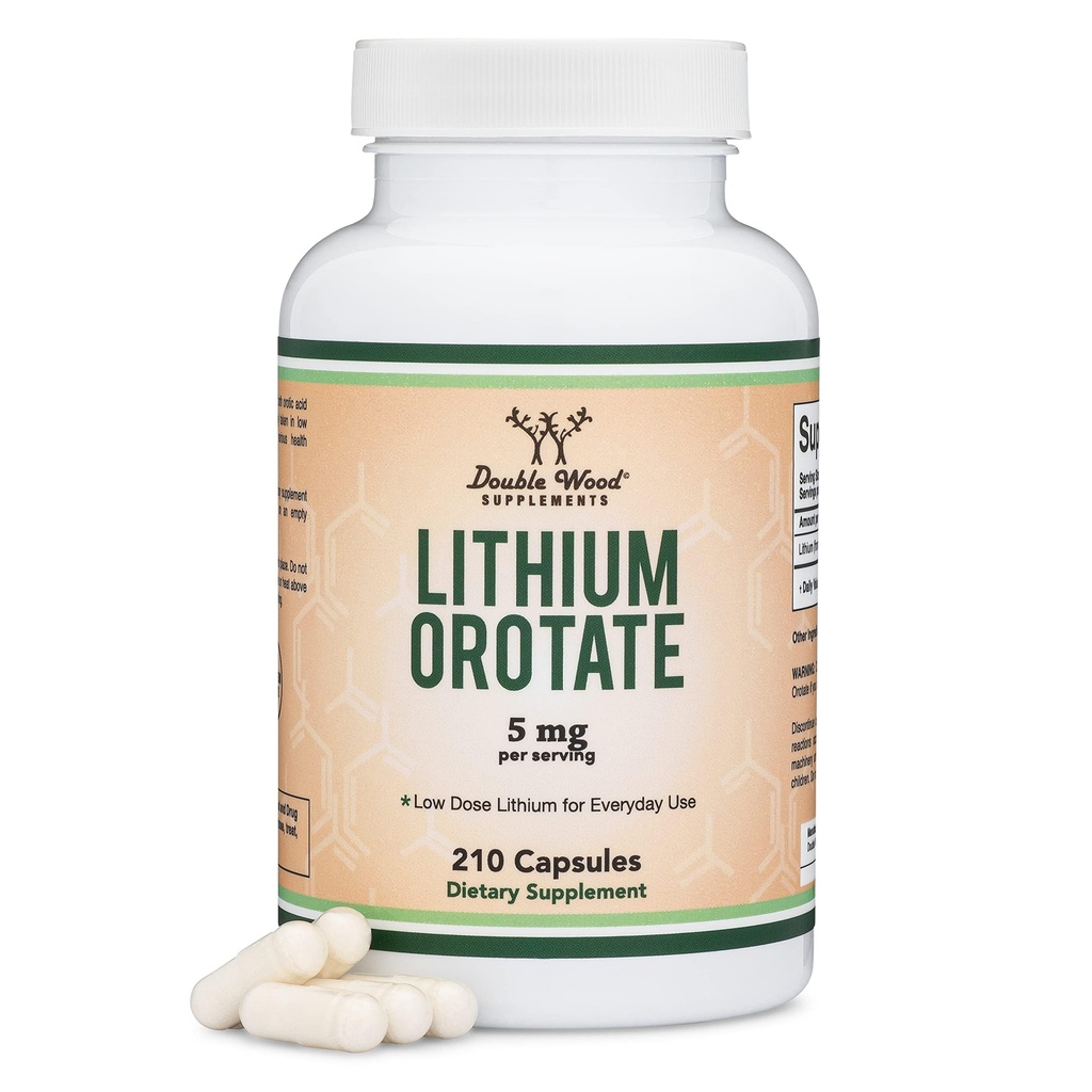 Lithium Oroter 5mg af elementært Lithium til kognition og hjernesundhed, 210 kapsler (Tredjeparts testet, Vegan Safe, Non- GMO) med dobbelt Wood Kosttilskud