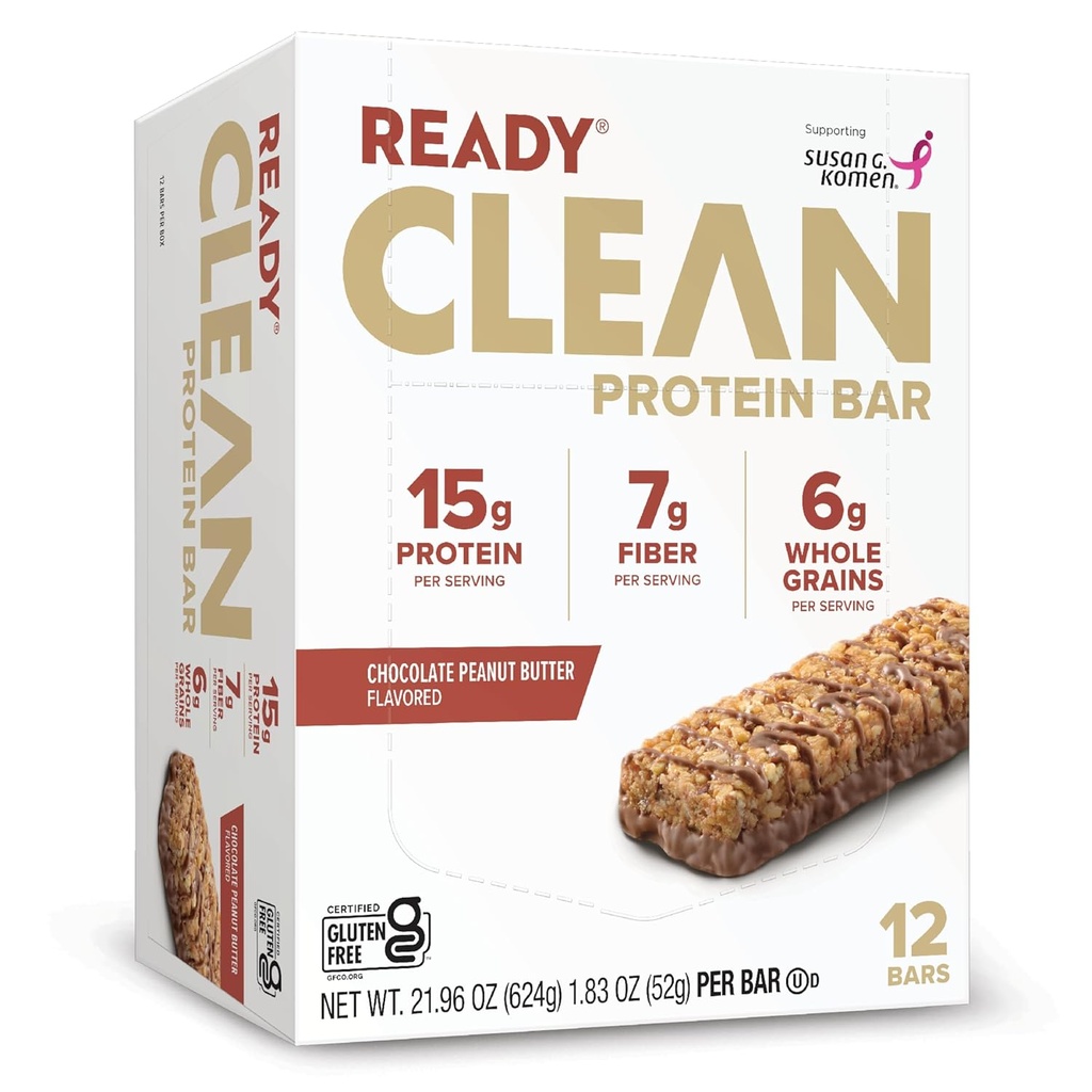 Ready ® Protein Bars - High- Protein Snack med 15g Whey Protein, All- Natural Ingredients, Understøtter Lean Muscle and Recovery, Ingen kunstige sødestoffer - Chokolade Peanut Butter, 12-Pack