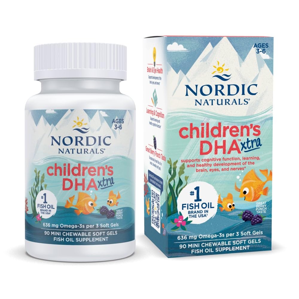 Nordic Naturals Children 's DHA Xtra, Berry Punch - 90 Mini Chewable Soft Gels for Kids - 636 mg Omega- 3s EPA & DHA - Kognitiv & immunfunktion, læring, social udvikling - non-GMO - 30 Servering
