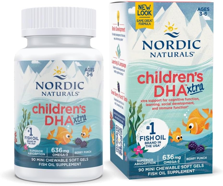 Nordic Naturals Children 's DHA Xtra, Berry Punch - 90 Mini Chewable Soft Gels for Kids - 636 mg Omega- 3s EPA & DHA - Kognitiv & immunfunktion, læring, social udvikling - non-GMO - 30 Servering