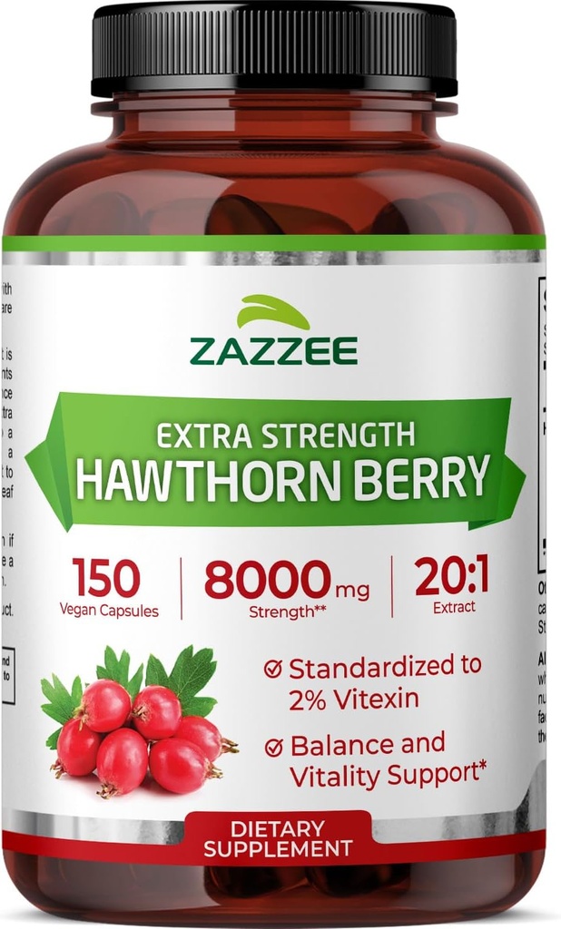 Zazzee Extra Strength Hawthorn Berry 20: 1 Extract, 8000 mg Strength, 2% Vitexin, 150 Vegan Kapsler, 5 Måned Supply, Koncentreret og Standardized Potent 20X Extract, Non- GMO og All- Natural