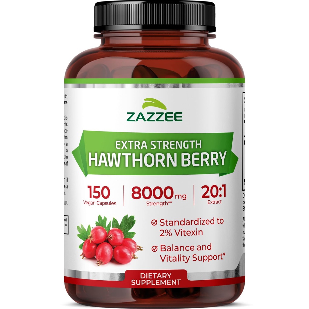 Zazzee Extra Strength Hawthorn Berry 20: 1 Extract, 8000 mg Strength, 2% Vitexin, 150 Vegan Kapsler, 5 Måned Supply, Koncentreret og Standardized Potent 20X Extract, Non- GMO og All- Natural