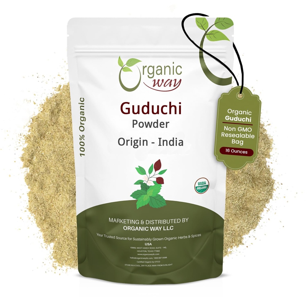 Organic Way Premium Grade Guduchi Powder (Tinospora cordifolia) - Organic & Kosher Certified Measures 124; Raw, Vegan, Non GMO & Gluten Free Measures 124; USDA Certified Measures 124; Origin - India (1LBS / 16Oz)