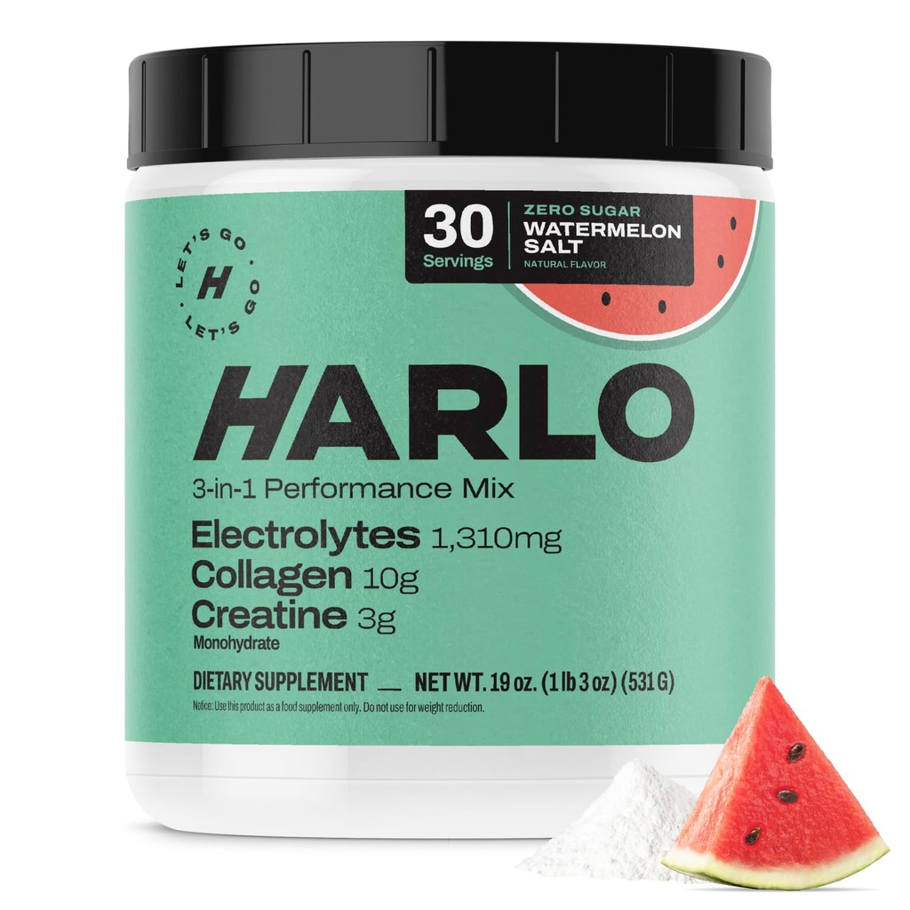 Harlo - Vandmelon Salt Electrolyte Drink Mix w / Bovine Collagen & Creatin - Creatin monohydrat Powder - Energy Drink Powder - Pre Workout Powder - Sugar Free Energy Drinks - Post Workout Inddrivelse