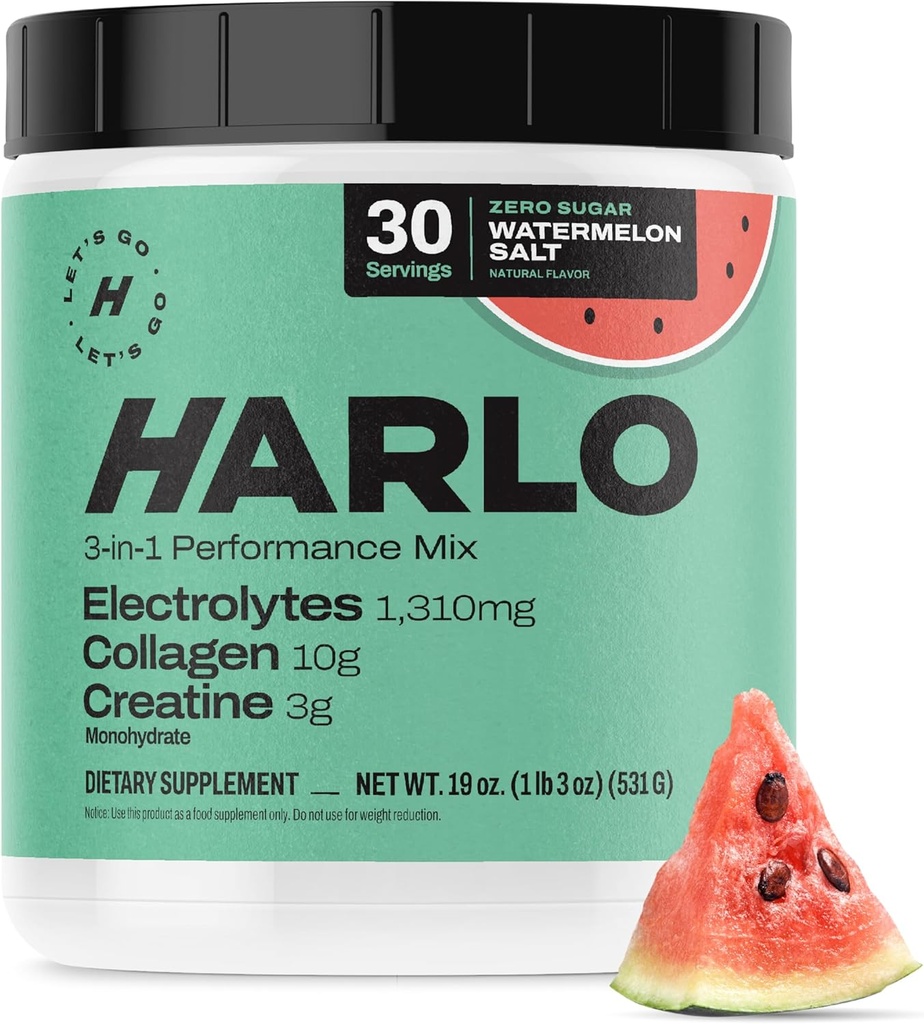 Harlo - Vandmelon Salt Electrolyte Drink Mix w / Bovine Collagen & Creatin - Creatin monohydrat Powder - Energy Drink Powder - Pre Workout Powder - Sugar Free Energy Drinks - Post Workout Inddrivelse