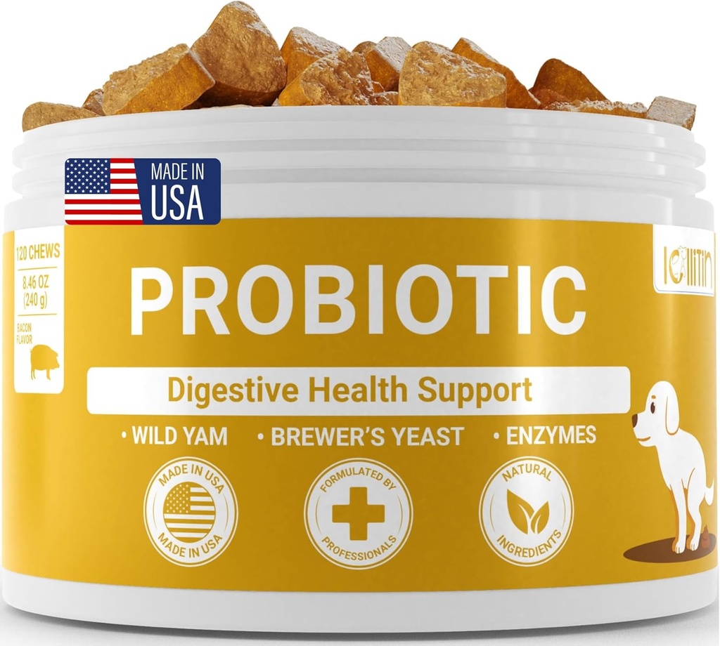 Probiotika til hunde - Støtte Gut & fordøjelsessygdomme, immunforsvar - Alle Nautral Prebiotika, Fiber, Enzymer til Gut Flora - Diarré & tarmstøtte - Bacon Flavor, 120 Chews, af Lollitin