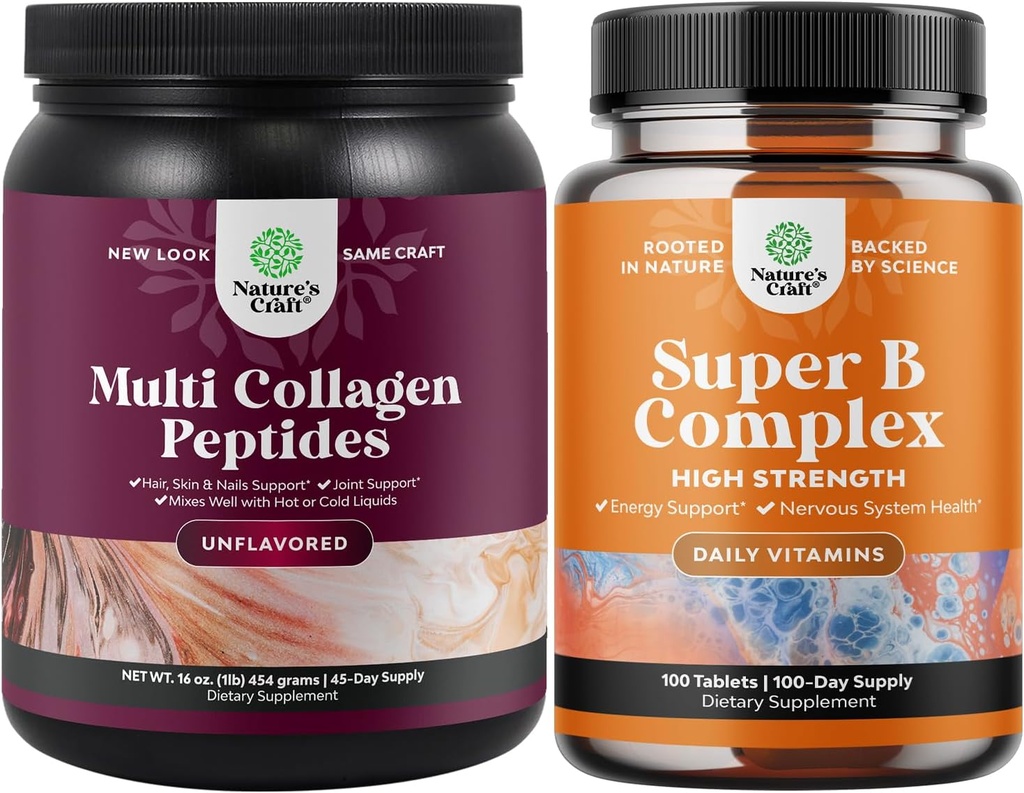 Bundle of Multi Collagen Protein Powder for Women and Men - Hair Skin and Nails Vitamins and Vitamin B Complex Adult Multivitamin for Immune Support Mood Boost and Memory Supplement for Brain Support
