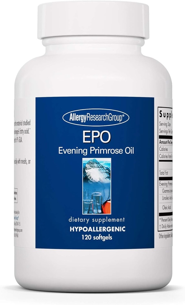 Allergy Research Group EPO - Aften Primrose Oil for mænd og kvinder, for tørre øjne, Omega- 6, GLA Gamma- Linolensyre, 500mg tillæg - 120 Tæl