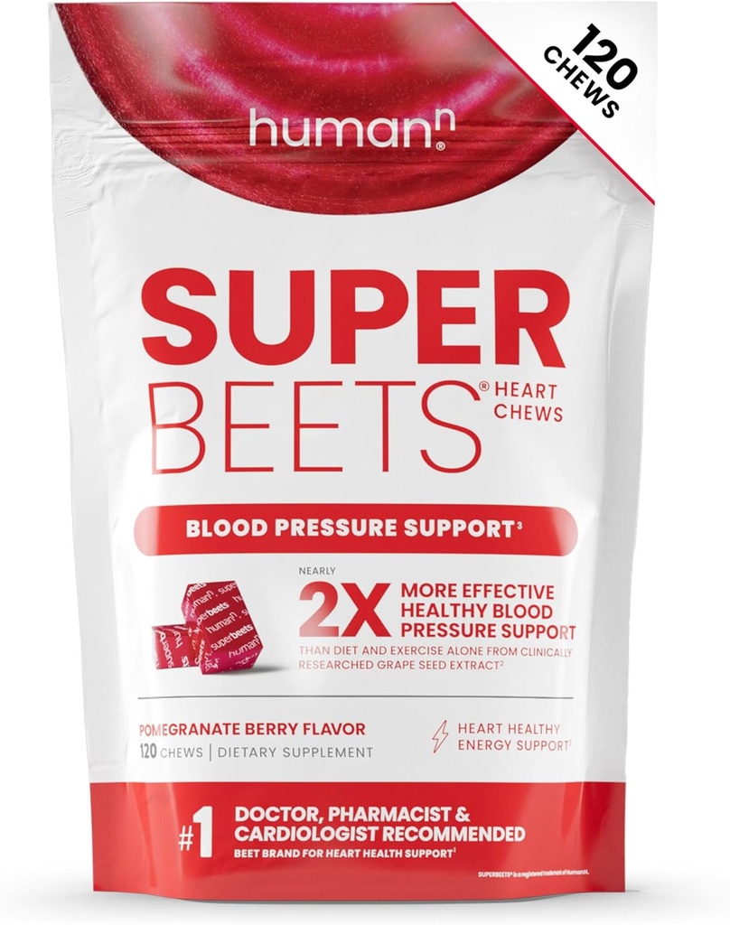 HumanN SuperBeets Heart Chews, Nitric Oxide and Blood Pressure Support, Grape Seed Extract & Non-GMO Beet Root Powder Energy, Pomegranate Berry Flavor, 120 Count