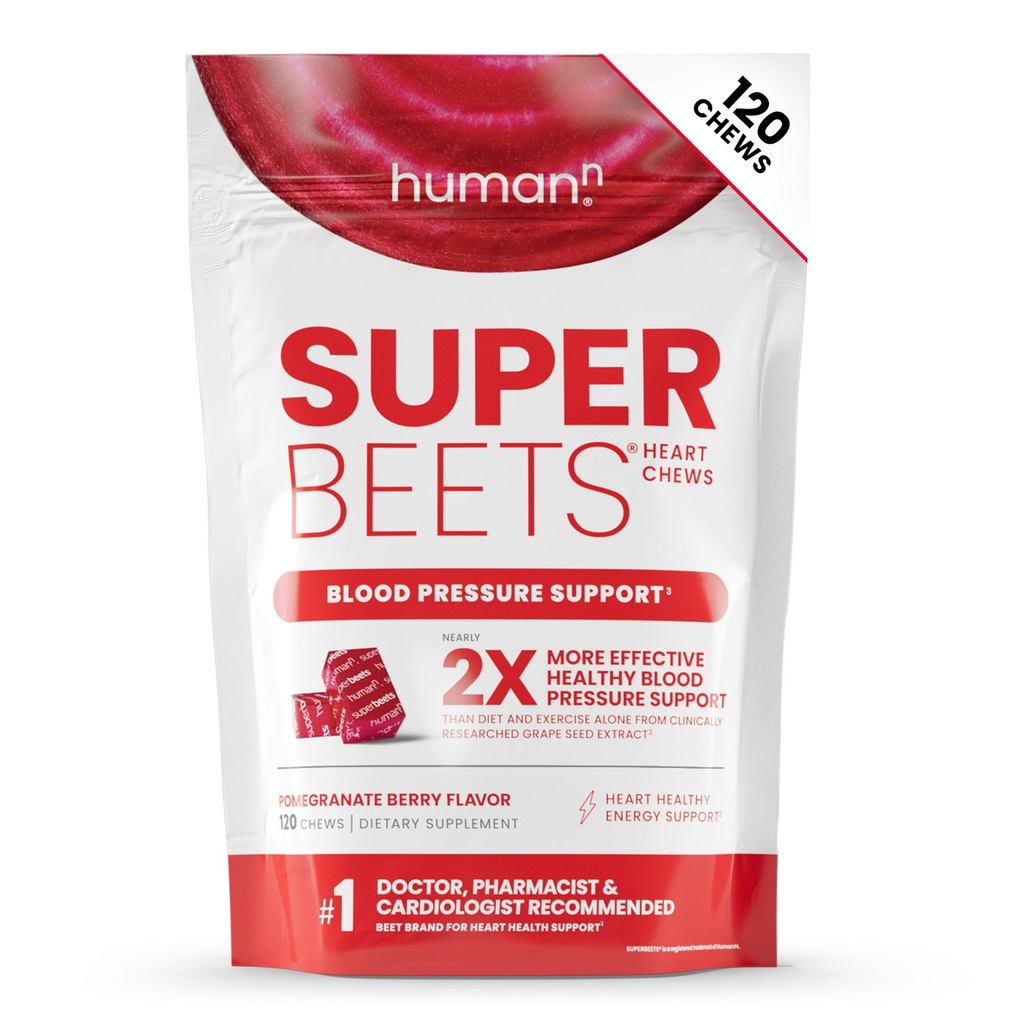 Humann SuperBeets Heart Chews, nitrogenoxid og blodtrykssupport, Grape Seed Extract & Non- GMO Beet Root Powder Energy, Pomegranat Berry Flavor, 120 Greve