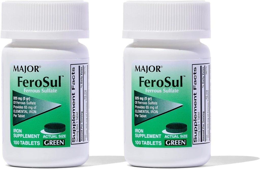 Major Ferosul - Ferrosulfate 325mg tabletter med 65mg elementært jern - jerntilskud til kvinder, mænd - grøn - 100 greve (2 Pack)