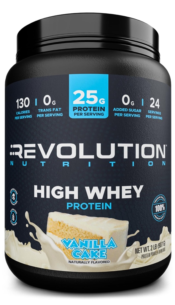Revolution Nutrition, High Whey, Protein Powder 2LB, Gluten Free, Lean Muscle Mass for Mænd & Kvinder, 25g Protein Per Scoop, 907 g, 24 Servering (Vanilla Cake, 2 Pund)