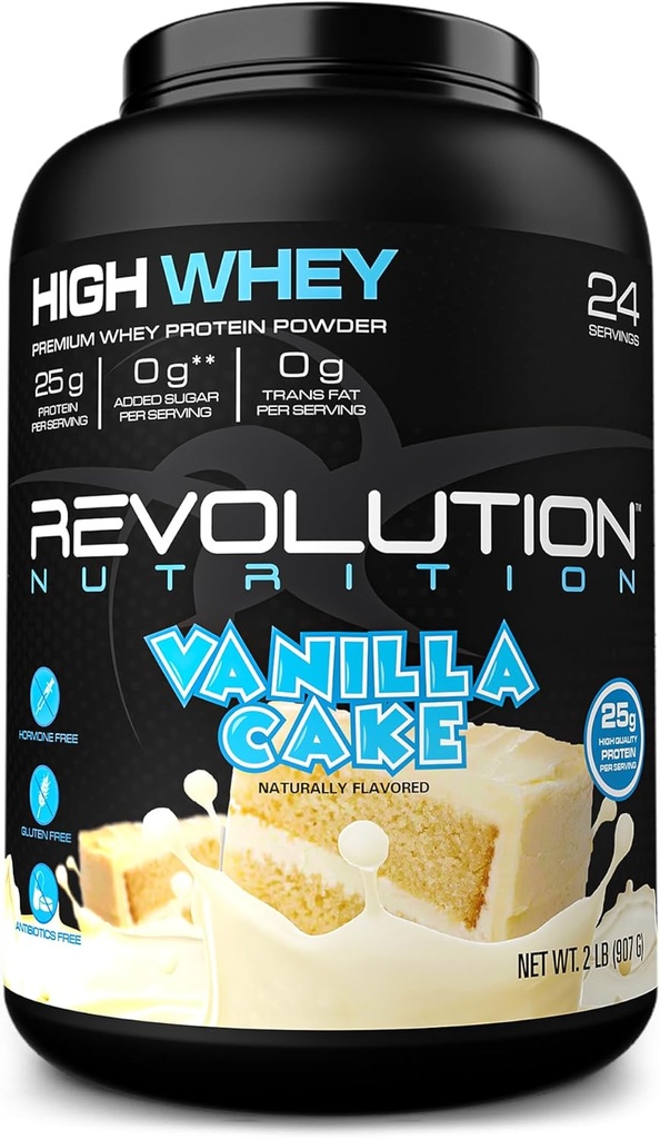 Revolution Nutrition, High Whey, Protein Powder 2LB, Gluten Free, Lean Muscle Mass for Mænd & Kvinder, 25g Protein Per Scoop, 907 g, 24 Servering (Vanilla Cake, 2 Pund)
