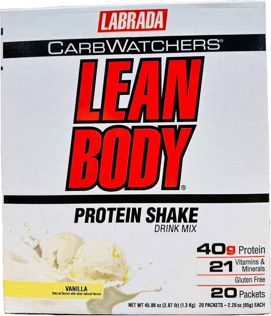 Lean Body Carb Watchers, All- In- One Vanilla Meal Erstatning Shake. 40g Protein Whey Blend, 8g Sunde Fedtstoffer & Fiber, 22 Vitaminer og mineraler, Ingen kunstige farver, Gluten Free, (20 Pakker)