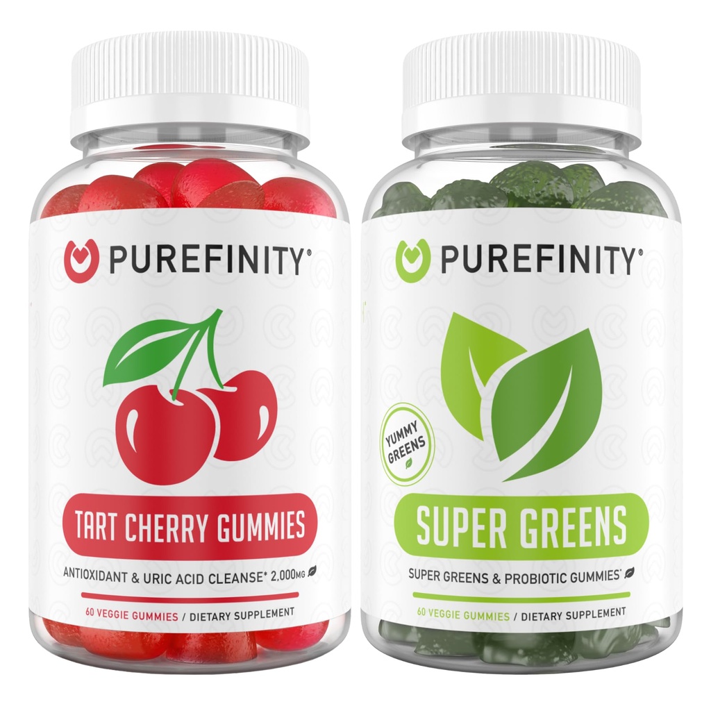 PUREFINITY Tart Cherry og Super Green Gummies Bundle (Uric Acid Flush & Cleanse med dine daglige grønne)