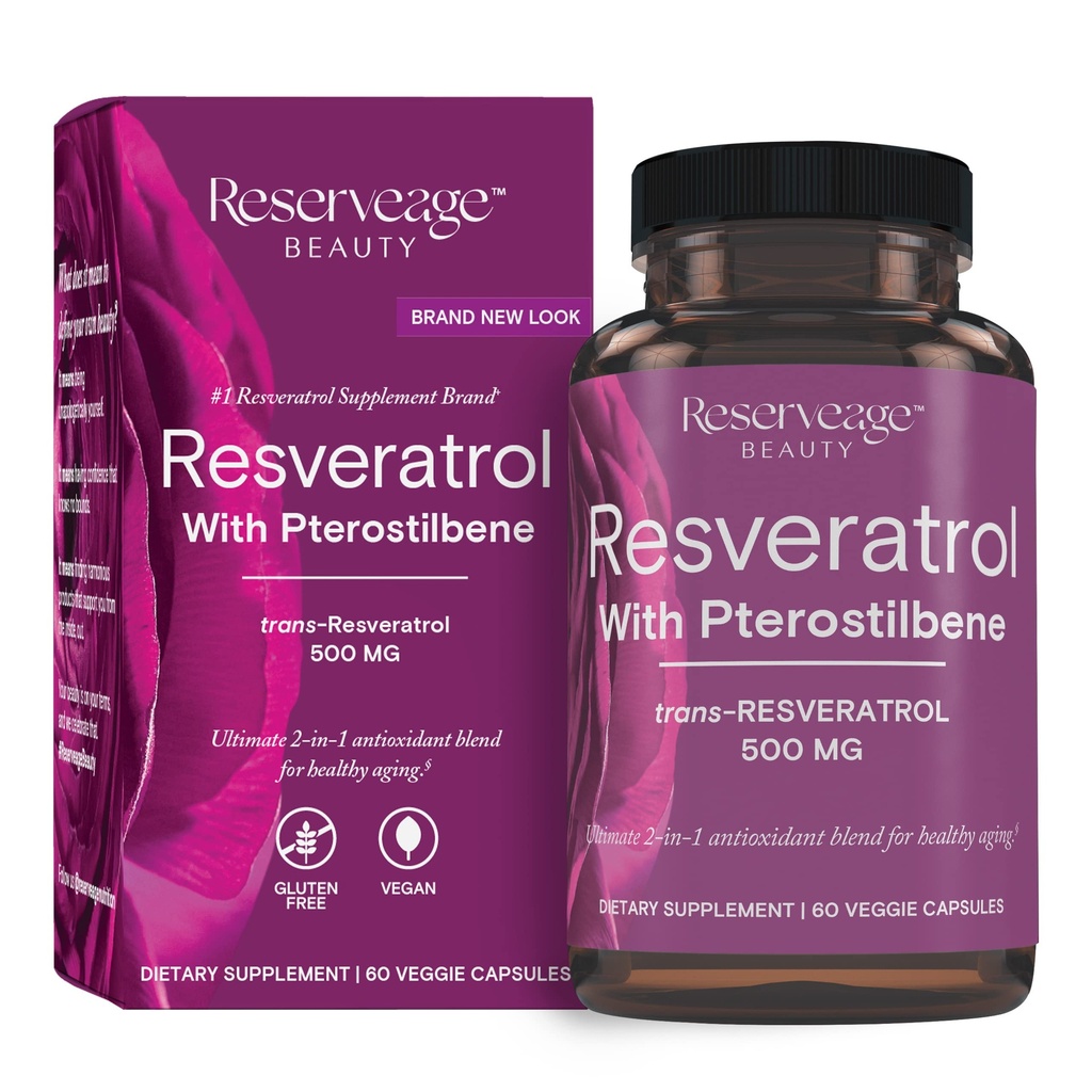 Reserveage Skønhed, Resveratrol 500 mg med Pterostilben, Antioxidant supplement til immunforsvar & hjerte sundhed, understøtter sund aldring, Paleo, Keto, 60 kapsler (60 servere)