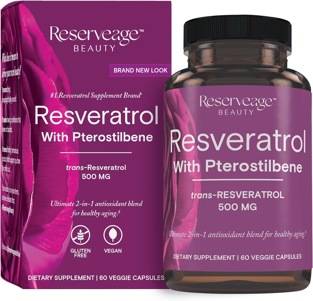 Reserveage Skønhed, Resveratrol 500 mg med Pterostilben, Antioxidant supplement til immunforsvar & hjerte sundhed, understøtter sund aldring, Paleo, Keto, 60 kapsler (60 servere)