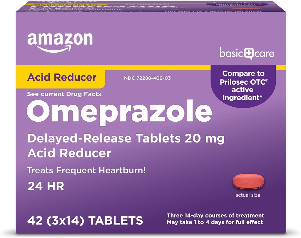 Grundlæggende pleje Omeprazol Forsinket udgivelsestabletter 20 mg, Treats Hyppig Heartburn, Acid Reducer, Heartburn Medicine, 42 Greve (pakning med 1) (Emballage kan variere)