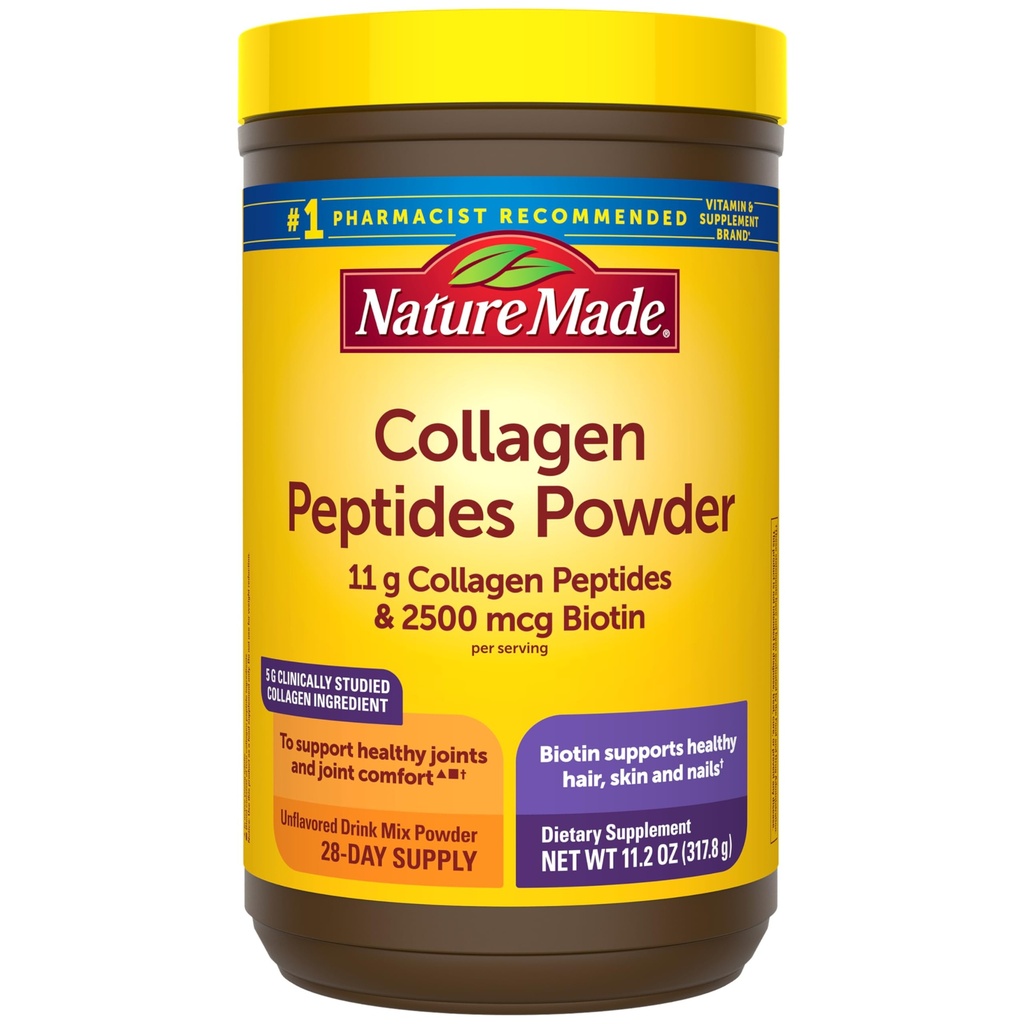 Nature Made Collagen Peptider Powder Type 1 og 3, Joint Support Collagen Powder Unflavored, Sugar Free, Keto Friendly with Biotin for Hår, Hud & Nails Support, 11.2 oz, 28 Day Supply