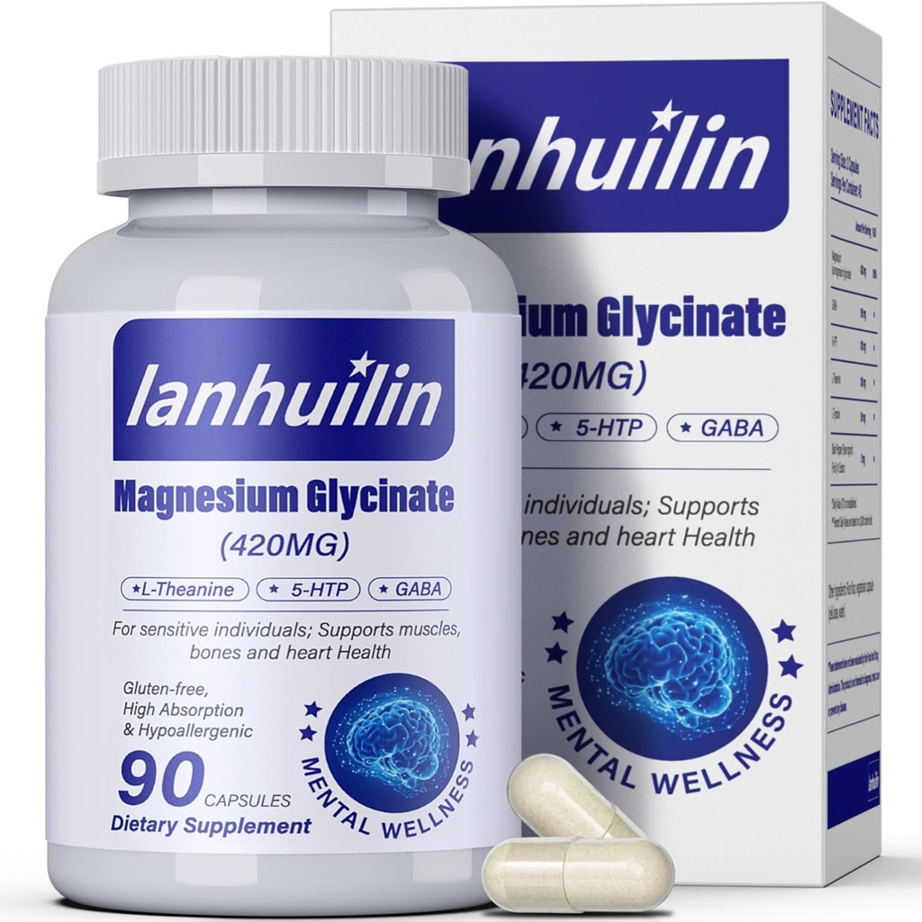 6 - in-1 Magnesiumkompleks, 420mg Pure Magnesiumglycinat, Magnesiumtillæg med GABA, 5 - HTP, L- Theanin, L- Tyrosin, Vegetar & High Absorption, 90 Kapsler