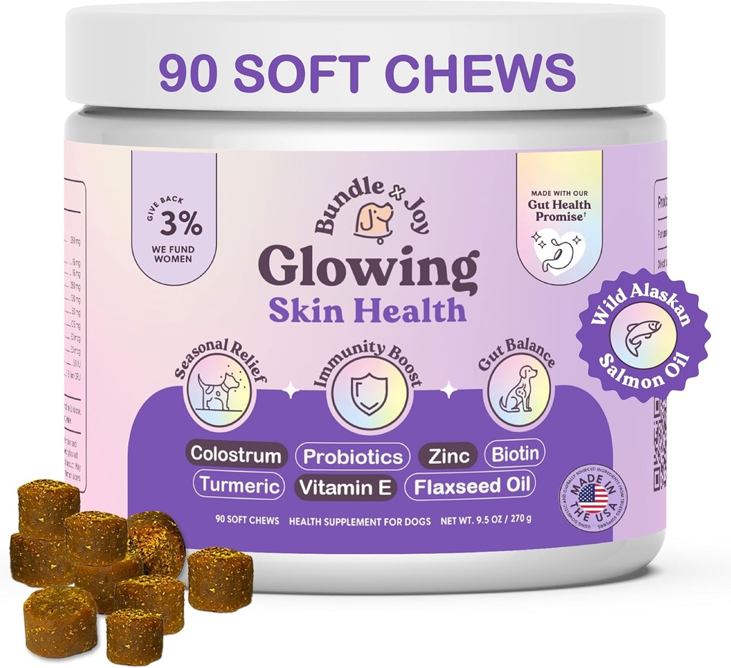 Bundle x Joy glødende hud og coat supplement til hunde, 90 bløde tygger, Probiotika til hunde med colostrum, Omega 3 Fedtsyrer, Lakseolie, og gurkemeje, understøtter sæsonbetinget allergier og kløe