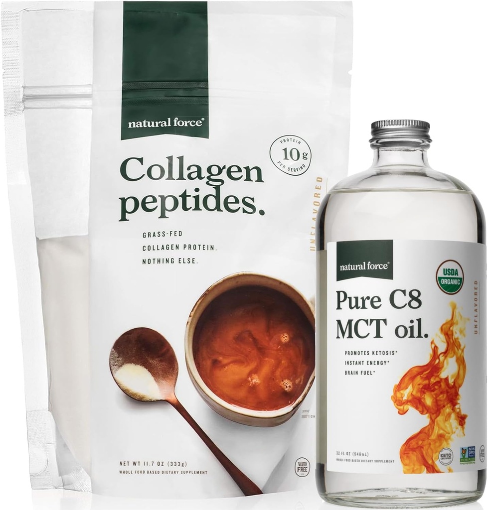 Naturkraft Organisk MCT Olie + Græs Fed Collagen Peptider Bundle - Økologisk, Ikke GMO, 100% Pure Coconut MCTs & Hydrolysed Type I og III Collagen Protein - 16 Ounce Flaske og 11,7 Ounce Bag