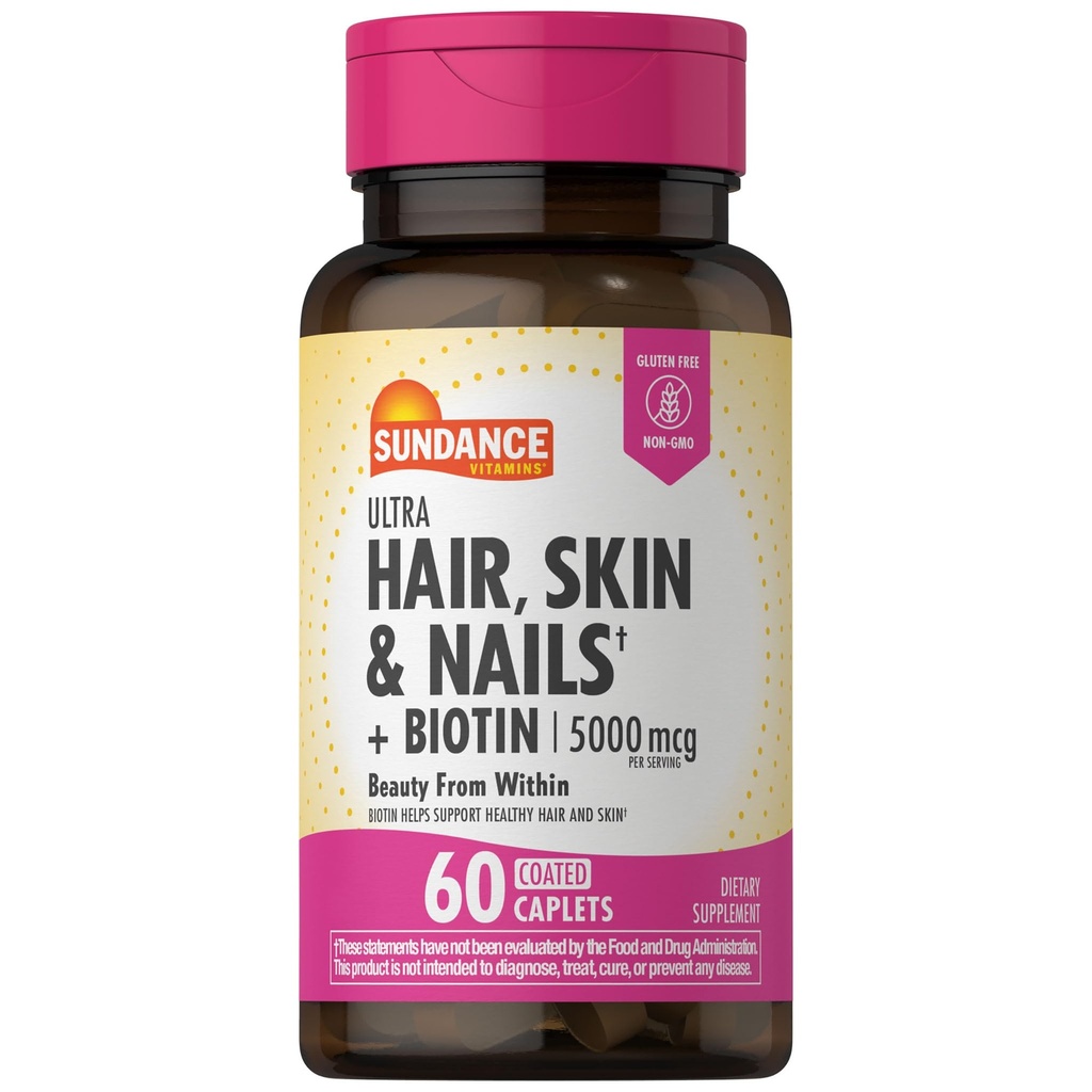 Sundance Hår, Hud & Nails Vitumater Mex124; 5000mcg Mex124; 60 Overtrukket Kapsler Mex124; med Biotin og kollagen Mex124; Non- GMO & Gluten Free Supplement