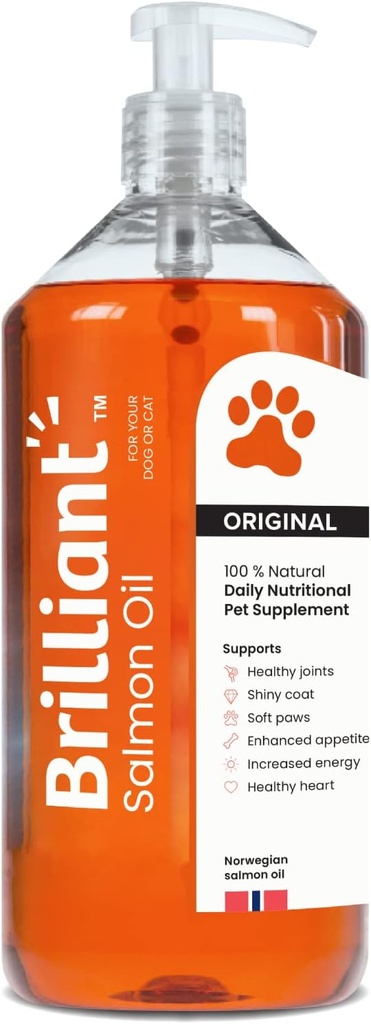 Brilliant lakseolie til hunde, katte & hvalpe; Omega 3 Fish Oil Liquid Supplement med DHA, EPA Fedtsyrer • 124; understøtter hud og coat, immunsystem & fælles funktion • 124; Hofseth BioCare (34oz)