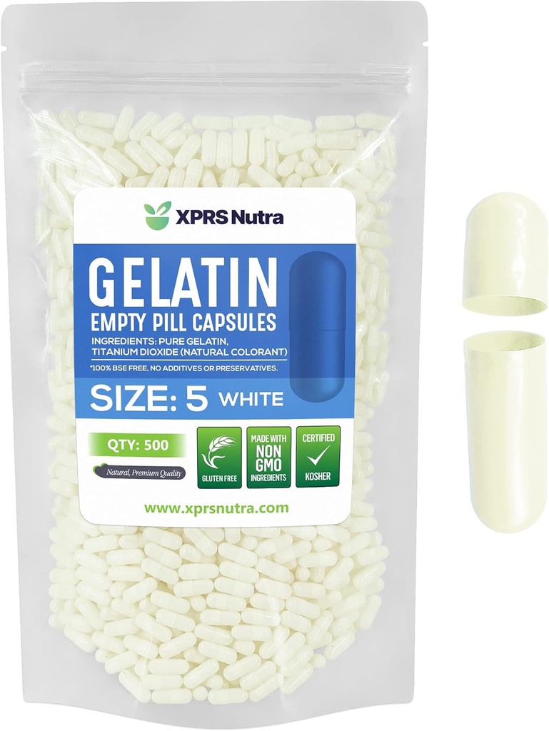 XPRS Nutra størrelse 5 Tomme kapsler - 500 Greve meget lille Tomme Gelatine kapsler - Piller gør det selv Capsule Fyldning - Fyldelige Pille Gel Caps til Do- It- Yourself Vitamin Kosttilskud (hvid)