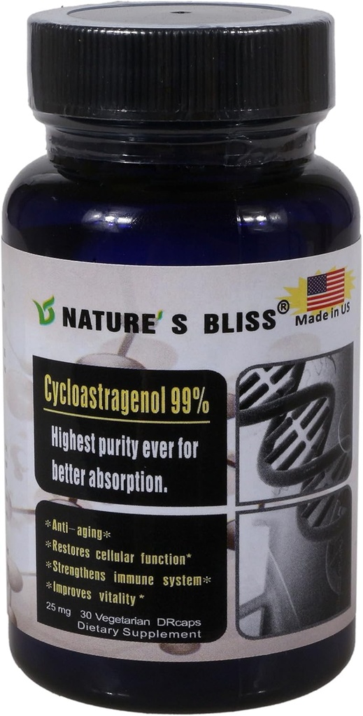 Naturens salighed Cycloastagenol 25mg 99%, Telomere Kosttilskud, Astragalus Root Extract, Anti Aging Supplement, Made in USA, Immunity Boost, Mavesyre Protected, Super Absorption, 30 Kapsler