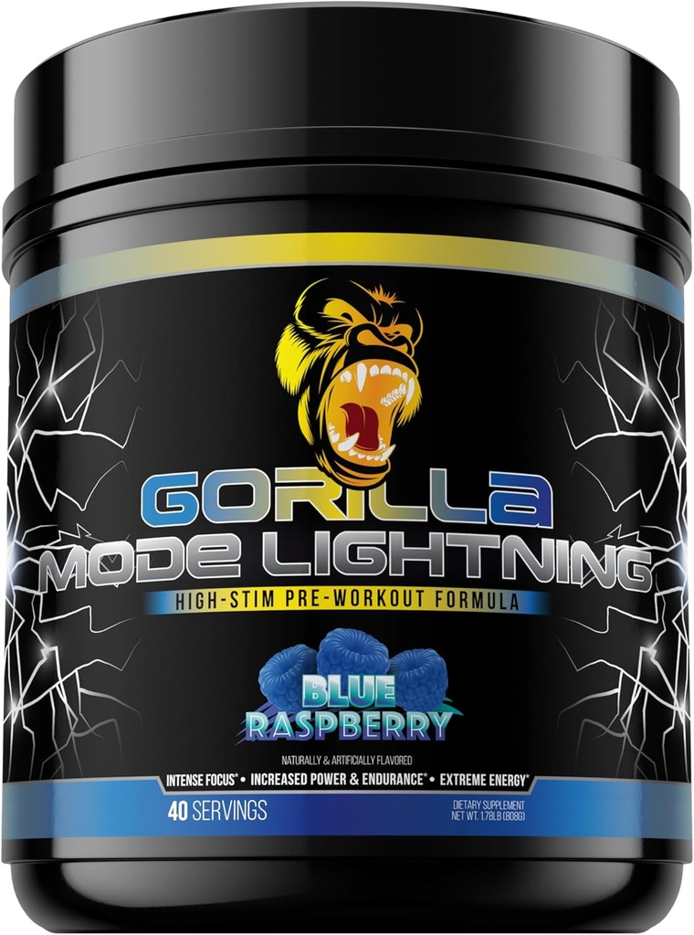 Gorilla Mode Lightning Pre- workout - Extreme Energy · Laser Focus · kraftfulde pumper · Peak Performance - 550mg Koffein, 13500mg L- Tyrosine, Alpha- GPC- 808g (Blå Hindbær)