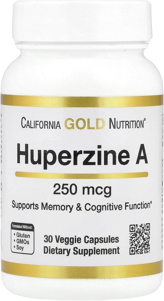 Huperzine A by California Gold Nutrition - Support for Memory & Cognitive Function - Promotes Healthy Acetylcholine Levels - Vegan Friendly - Gluten Free, Non-GMO - 250 mcg - 30 Veggie Capsules