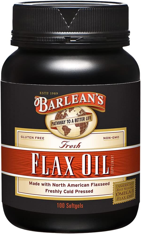 Barlean 's Omega 3 6 9 Flaxseed Oil Supplements, Cold- Pressed Flax Seed Supplement Softgels med 1650 mg ALA fedtsyrer, 100 Tæl