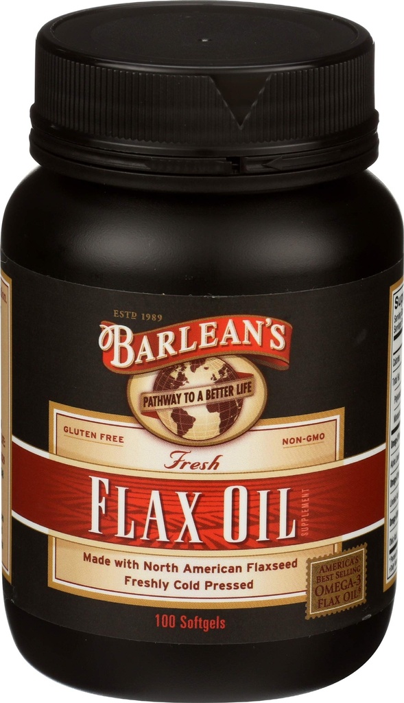 Barlean 's Omega 3 6 9 Flaxseed Oil Supplements, Cold- Pressed Flax Seed Supplement Softgels med 1650 mg ALA fedtsyrer, 100 Tæl