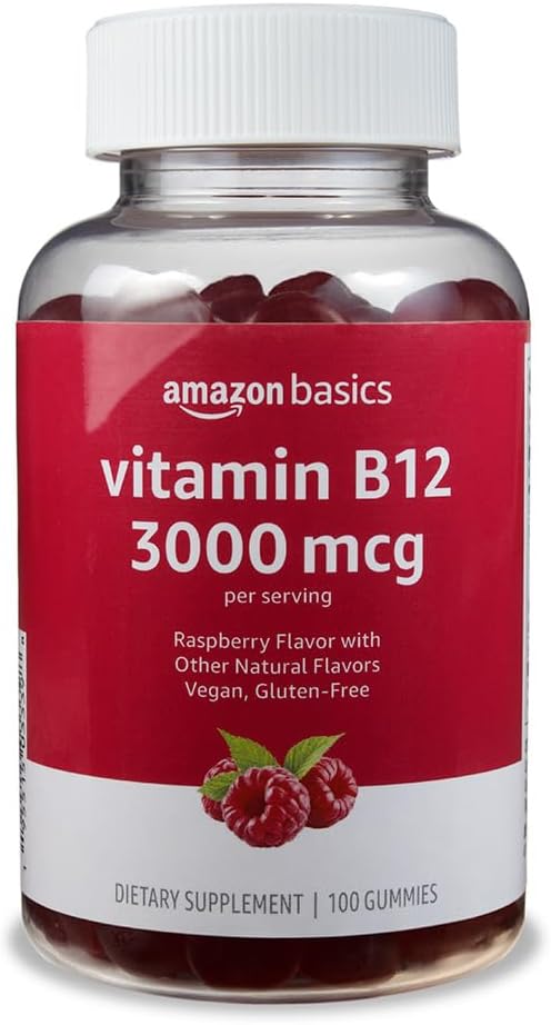 Grundlæggende Vitamin B12 3000 mcg Gummies, Normal Energy Production and Metabolisme, Immunsystemet Support, Hindbær, 100 Count (2 per servering) (Tidligere SOlimo)