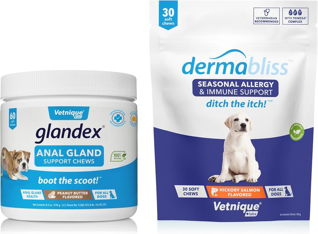 Vetnique Labs Dermabliss Allergy Chews 30 Ct og Glandex Anal Gland Support Chews 60 Ct Bundle Dog Vitaminer & Kosttilskud, Anal Gland Hund Treats med Probiotika, Hund Allergier Hudbehandling Blød Tyg