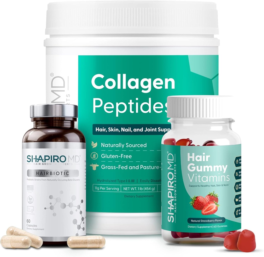 Inner Wellness Trio - Kosttilskud til fuld, stærk, sundt hår - Collagen pulver, Daglig Vitamin, og Prebiotic Formelle 124; Anbefalet af Dermatolog Medic124; Shapiro MD