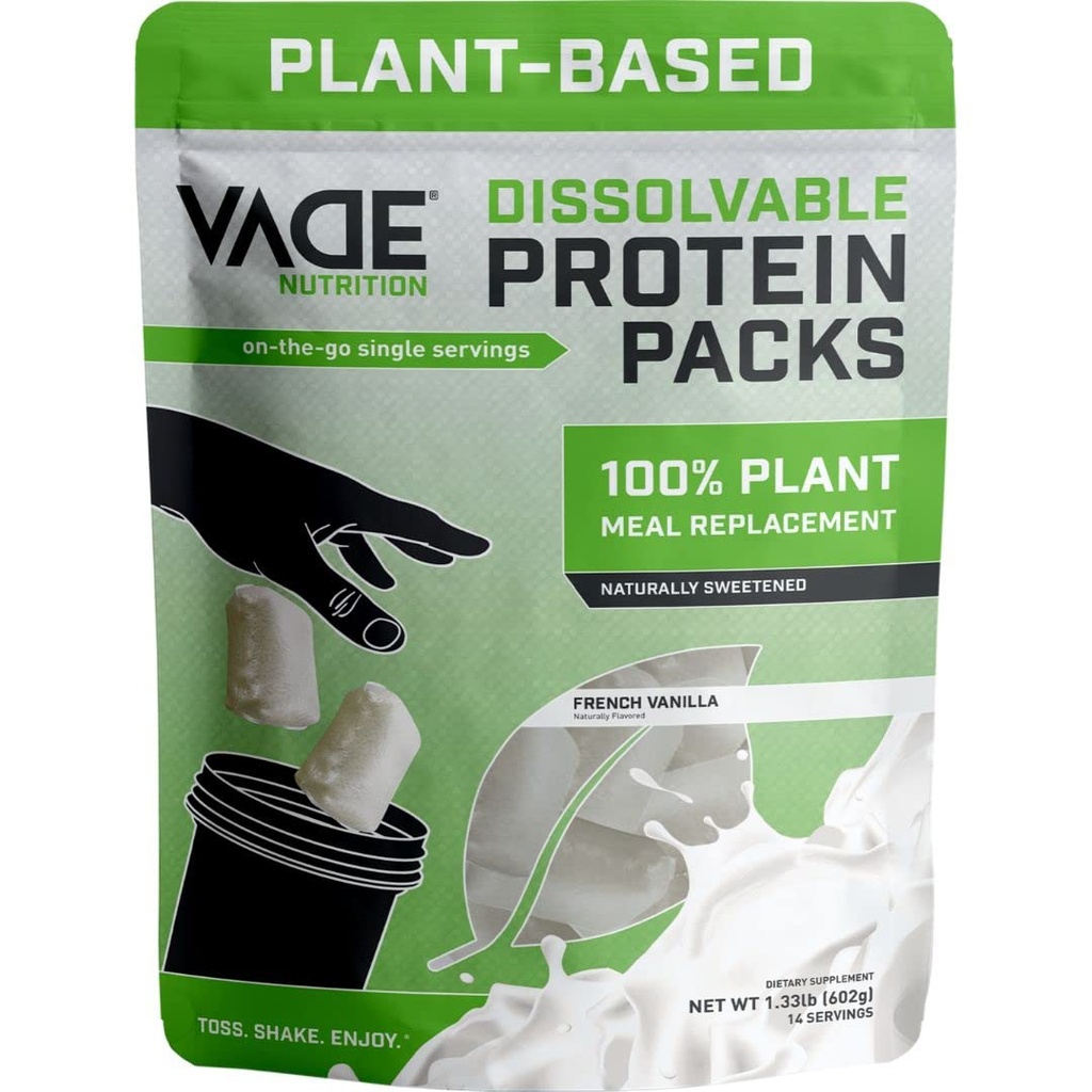 Vade Nutrition Opløselige Plant- baserede Meal Erstatning Pakker (124; Vanilje) 124; On- The- Go, 100% Vegan, 26 Vitamin & Min, 10 Superfoods, Lactose Free, Gluten Free, Ingen Sukker Tilføjet, Lean, 14 Servere