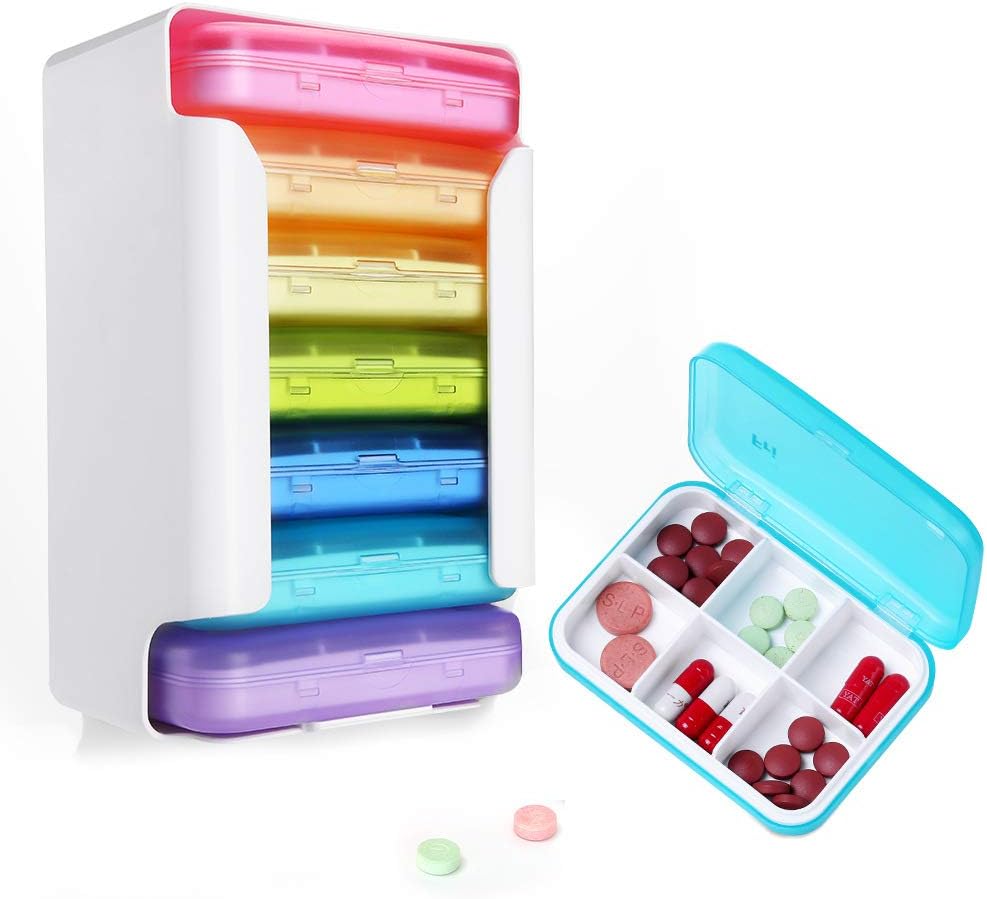 Pill Dispensere 7 Piece Set Pill Organizer 6 gange om dagen Ugentlig Pill Case Pill Dispensere med etiketter Travel Pill Dispenser 7 Dag 42 Copartments for Medication Vitamin Fish Oil Kosttilskud